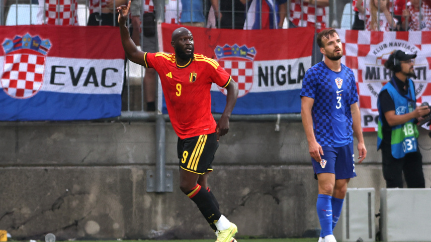 Romelu Lukaku celebrating after scoring for Belgium against Croatia.