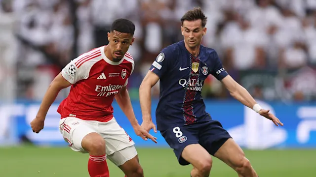 William Saliba during an Arsenal match amid concerns over a lingering back injury.
