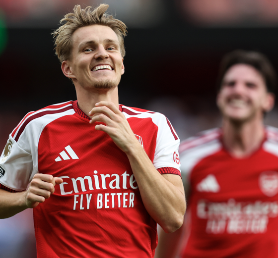 Martin Odegaard celebrates after scoring Arsenal’s winning goal against Chelsea in the Premier League