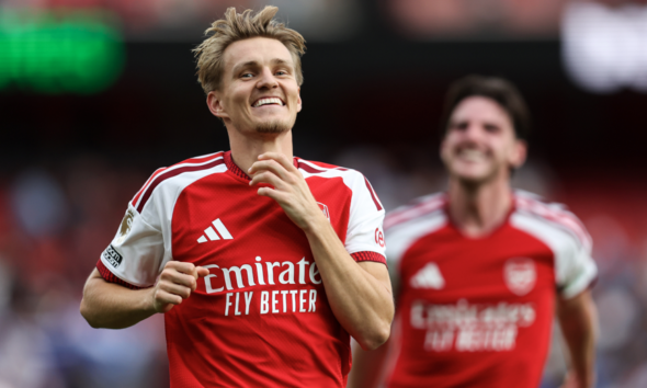 Martin Odegaard celebrates after scoring Arsenal’s winning goal against Chelsea in the Premier League