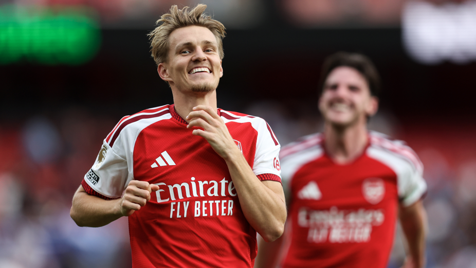 Martin Odegaard celebrates after scoring Arsenal’s winning goal against Chelsea in the Premier League