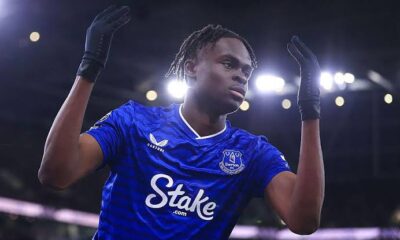 Tyrique George celebrates after scoring Everton’s equaliser against Manchester United